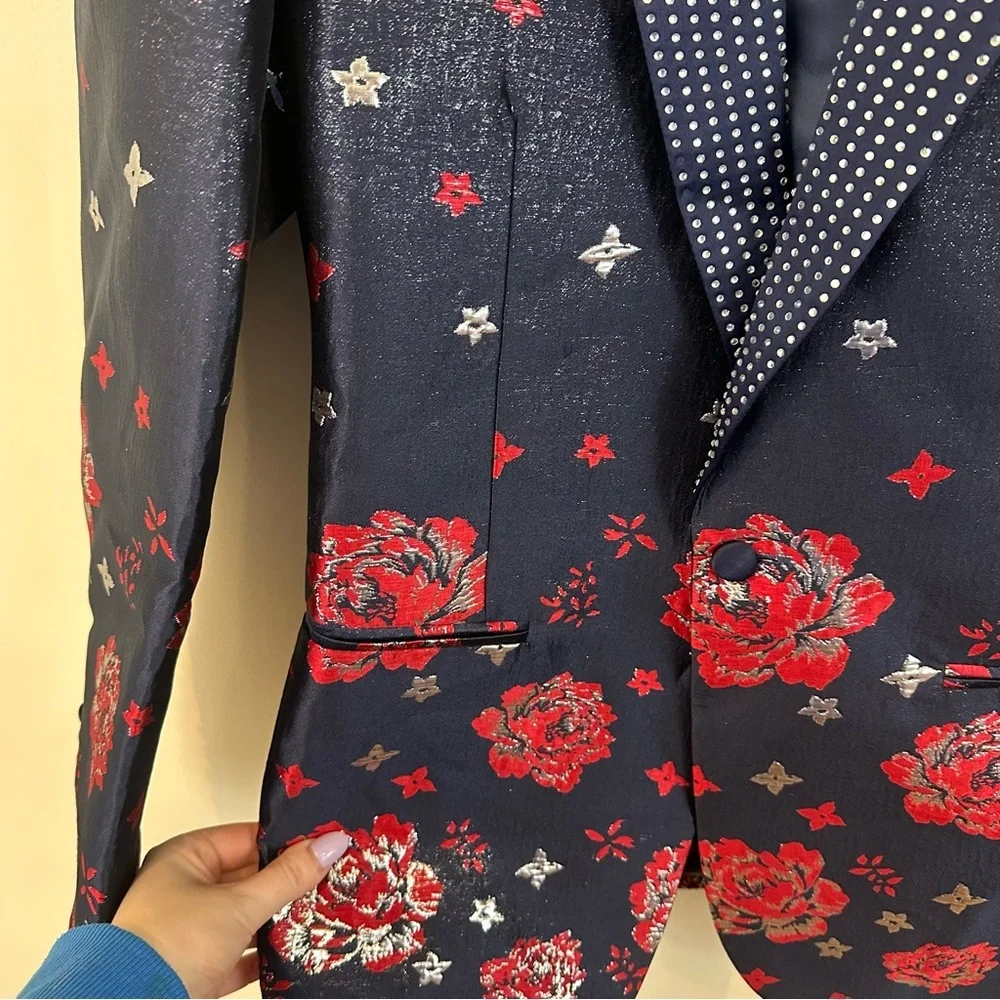 Barabas Floral Patterned Temptation Blazer Bedazzled Collar Size 40R Slim Fit
